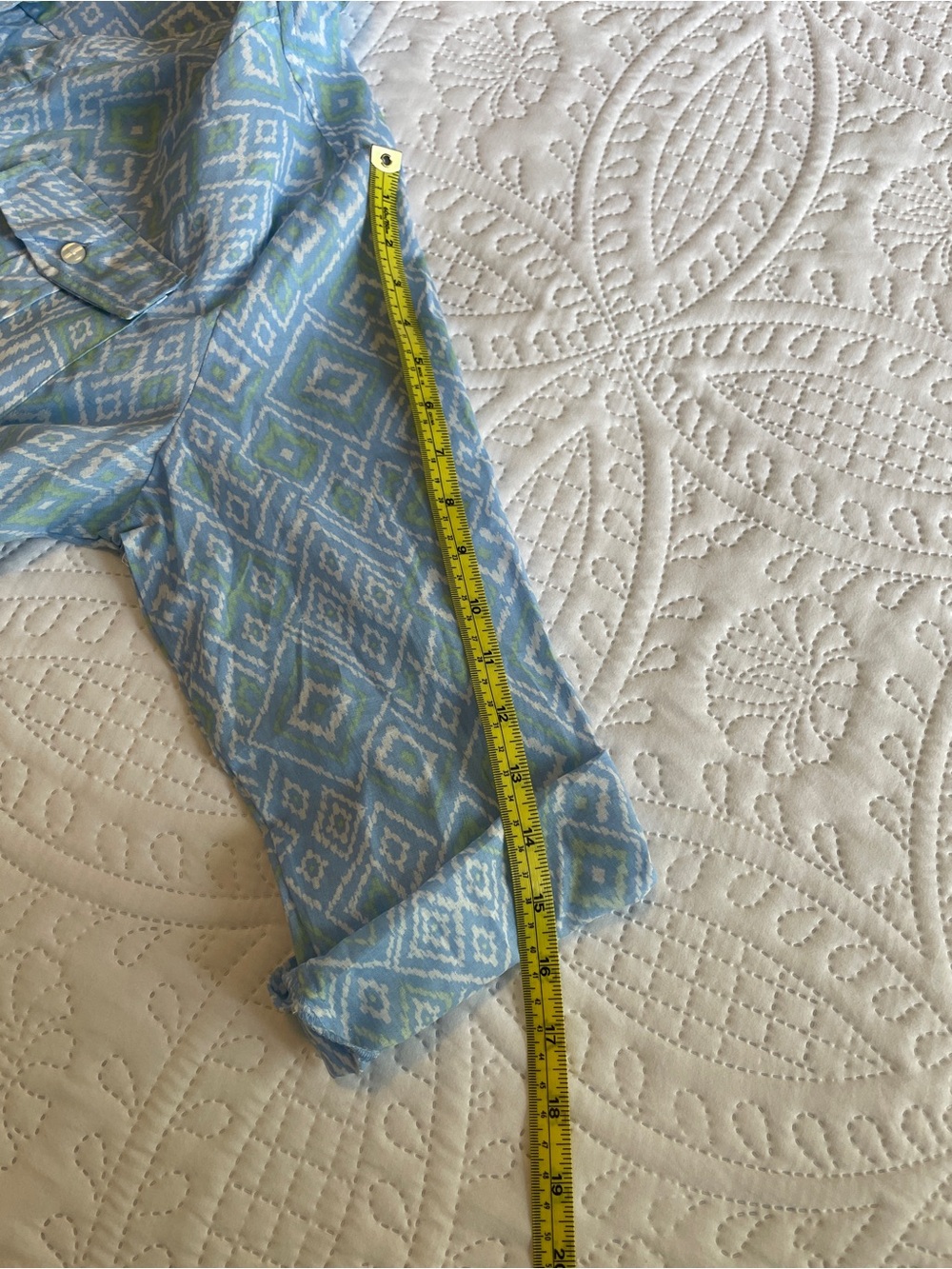 Eden & Olivia Light Blue Geometric V-Neck Tunic with Green Accents - Picture 10 of 14